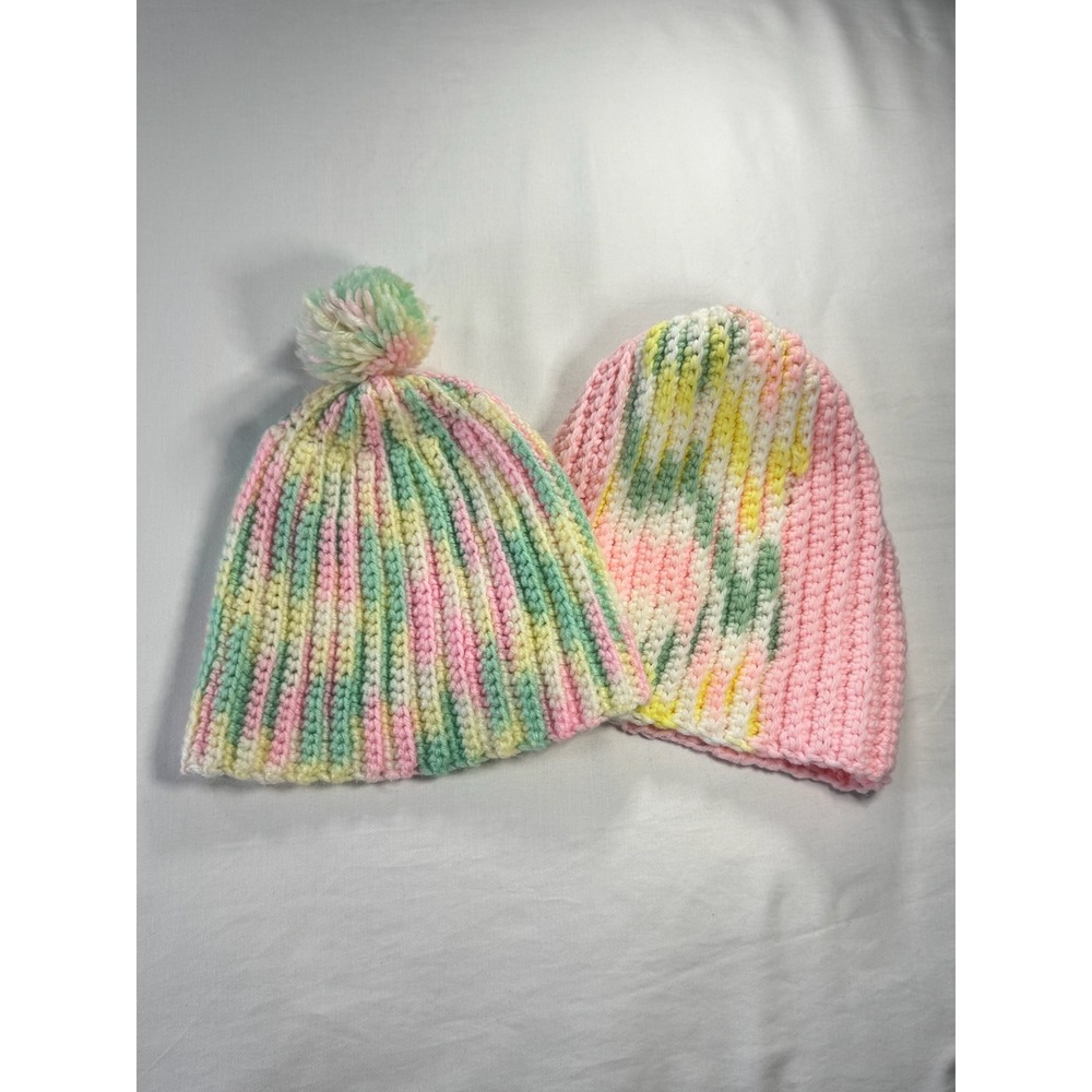 Handmade Crochet Beanie Set Pink Yellow Green Pom Pom Ribbed Winter Hats 2pc